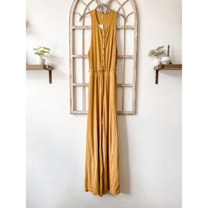Free People Movement Yellow Ribbed Open Back Wide Leg Jumpsuit